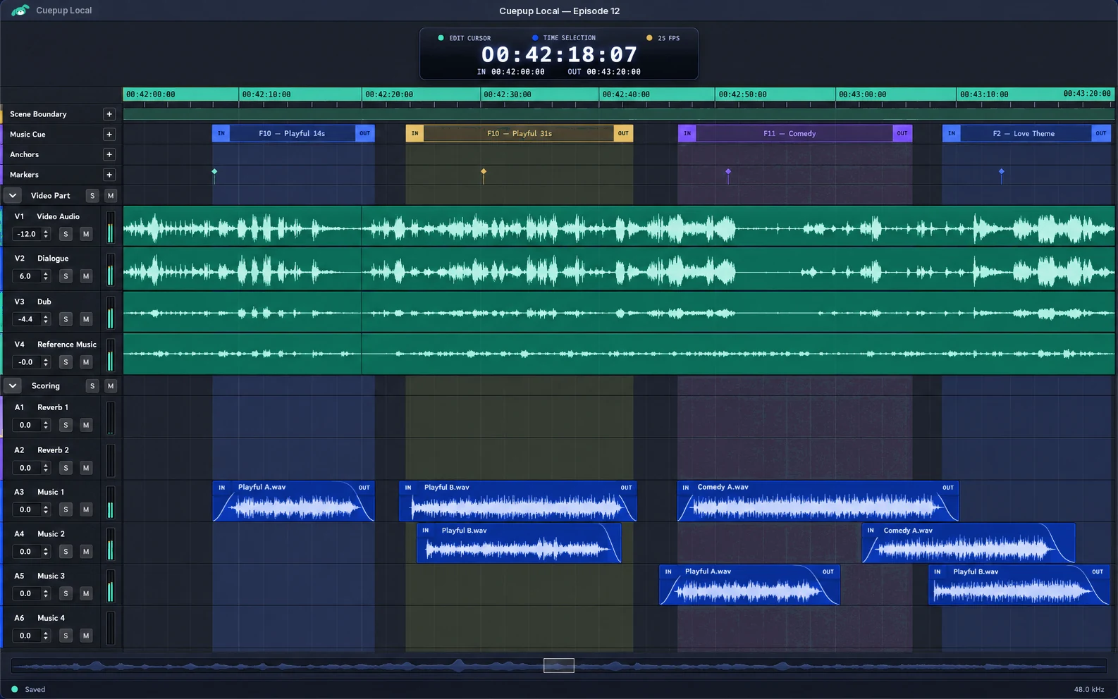 A scoring draft on screen: an episode timeline with scene boundaries, music cue regions labelled by family, dialogue tracks and library music placed on the scoring tracks.