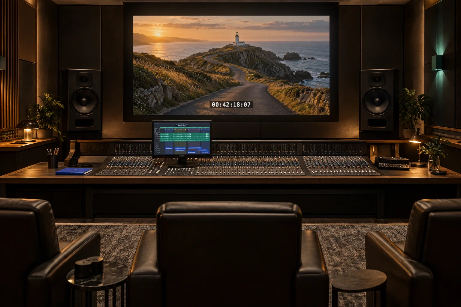 Film scoring session: a mix stage with a drama scene on the big screen at burned-in timecode and the scoring draft on the desk monitor.